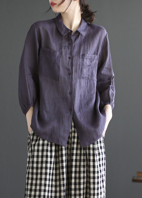 Loose Purple Peter Pan Collar Patchwork Button Solid Ramie Shirt Long Sleeve UU022