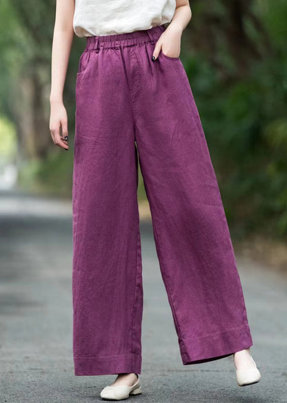 Pants Loose Pockets Solid Elastic Summer Waist Purple Linen