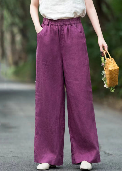 Pants Loose Pockets Solid Elastic Summer Waist Purple Linen