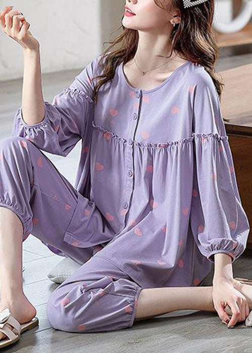 Two Pieces Pajamas Purple Cotton Set Ruffled Bracelet Loose Print