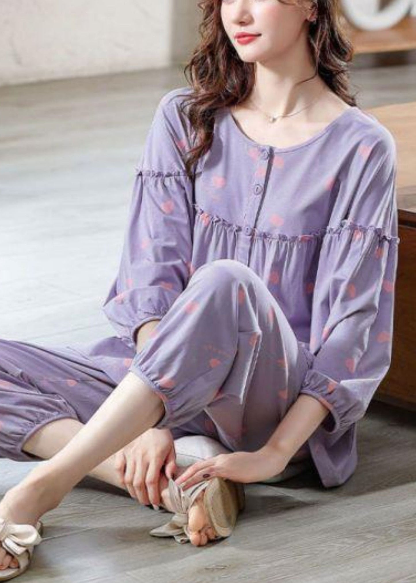 Two Pieces Pajamas Purple Cotton Set Ruffled Bracelet Loose Print