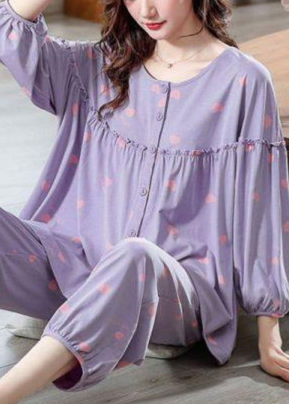 Two Pieces Pajamas Purple Cotton Set Ruffled Bracelet Loose Print