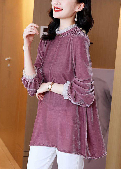 Loose Purple Ruffled Side Open Velour Tops Spring RH033