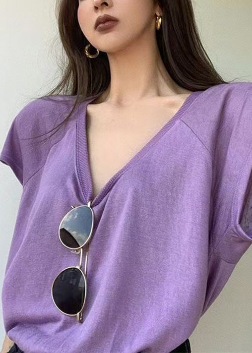 Loose Summer Cotton Shirts U T Neck Solid Purple