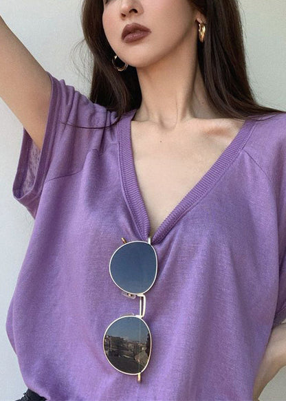 Loose Summer Cotton Shirts U T Neck Solid Purple