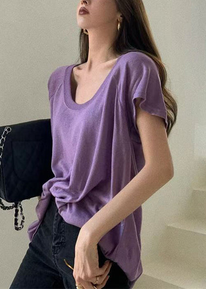 Loose Summer Cotton Shirts U T Neck Solid Purple