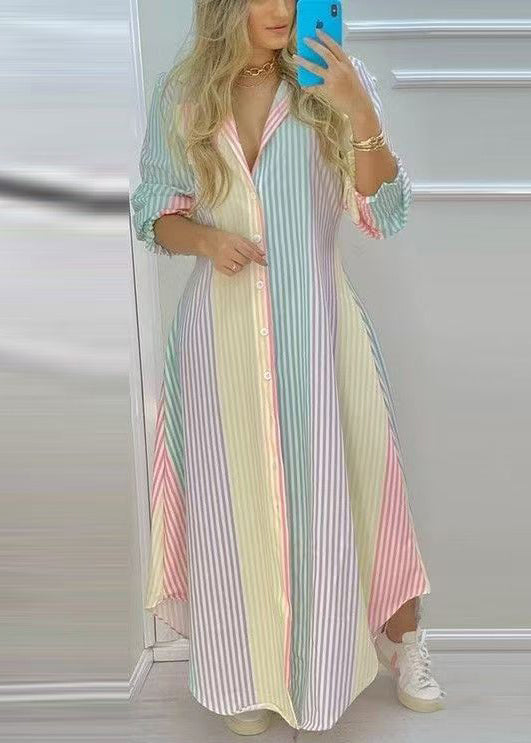 Dress Rainbow Shirts Loose Striped Spring Button Cotton