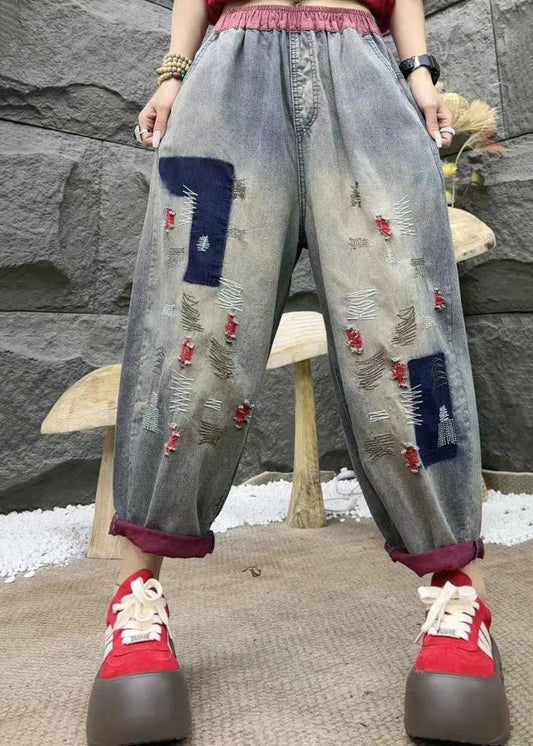 Lockere rote Jeans mit hoher Taille und Stickereien, zerrissen, Sommer-AP097