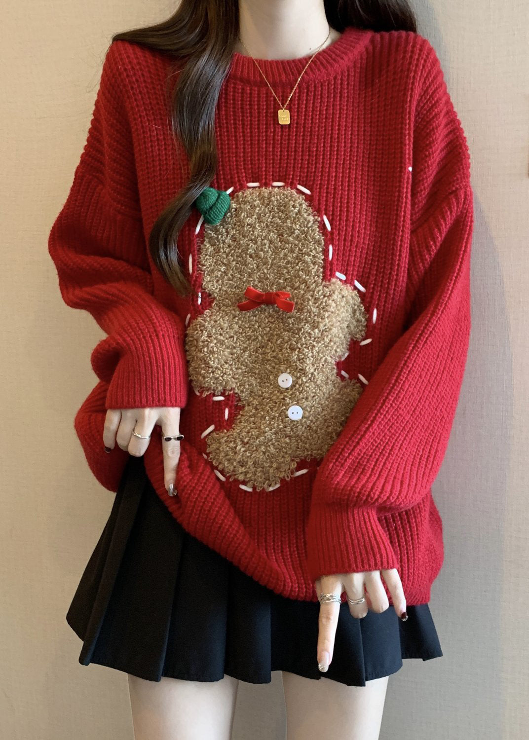 Loose Red O Neck Embroidered Thick Christmas Knit Sweater Winter RG027