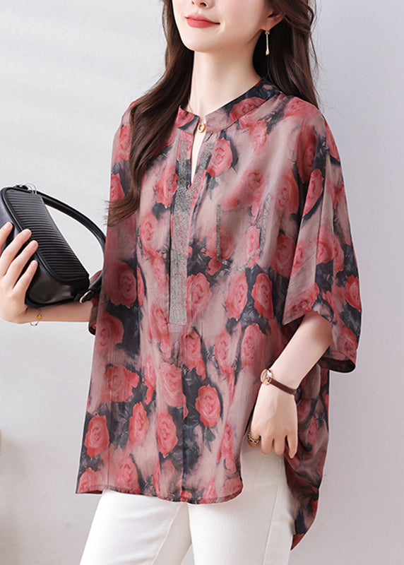 Loose Red Print Low High Design Button Silk Cotton Shirts Bracelet Sleeve QB012