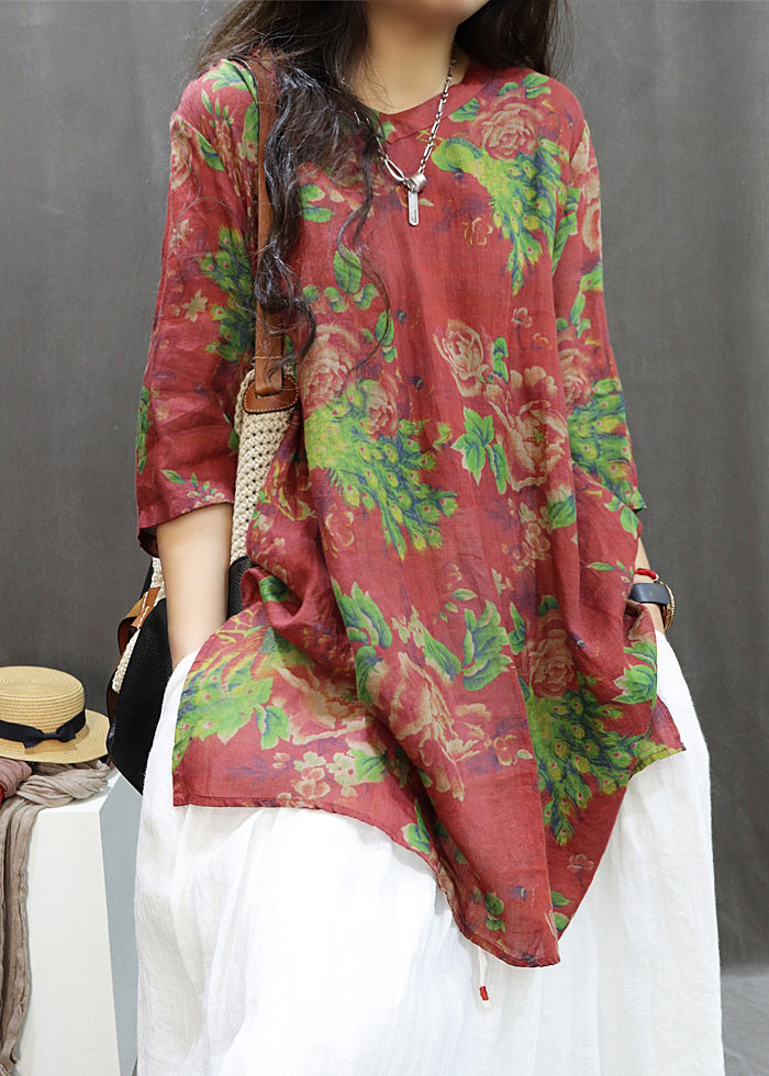 Loose Red Print Side Open Cotton Blouses Summer GG060