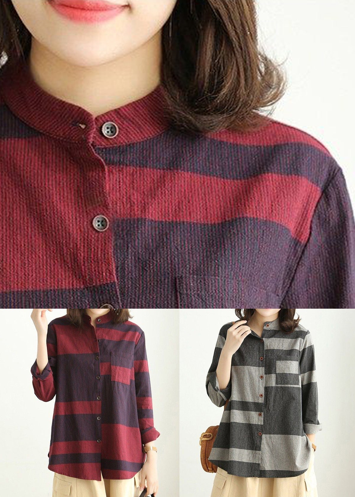 Loose Red Stand Collar Button Cotton Blouses Long Sleeve VV072