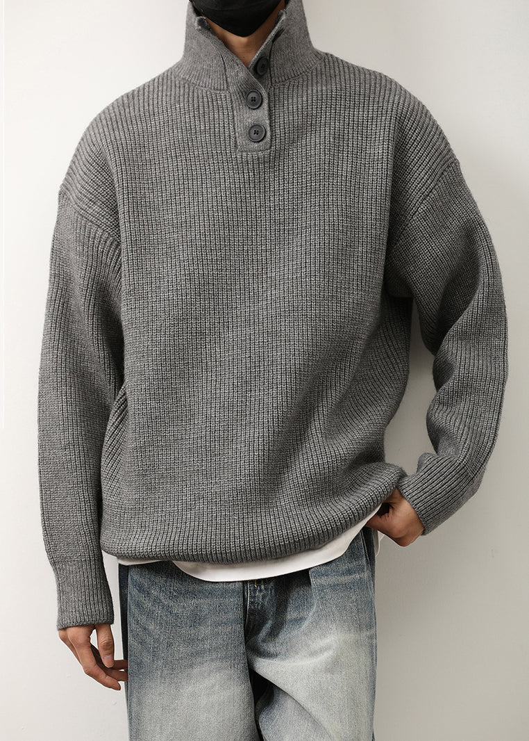 Loose Red Stand Collar Button Knit Mens Sweaters Spring TK011