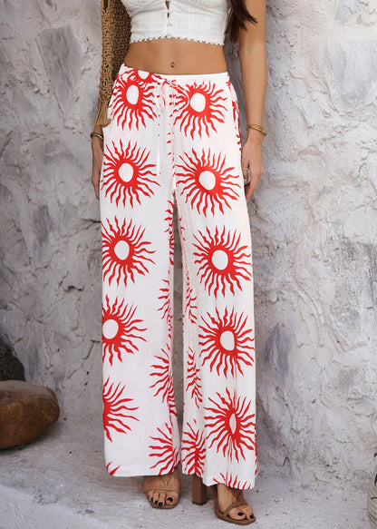 Summer High Pants Wide Loose Waist Leg Red Sunflower