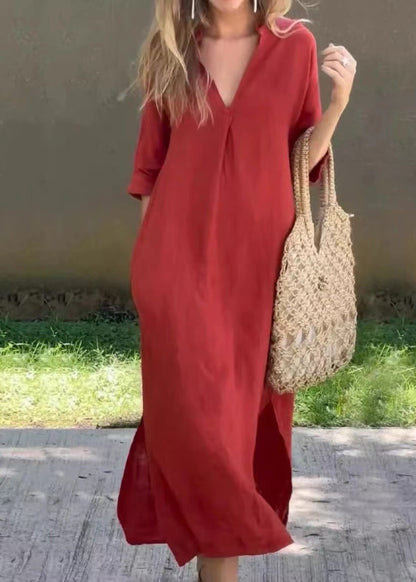 Half Holiday Neck Linen Open Side Loose Red Dress V Sleeve