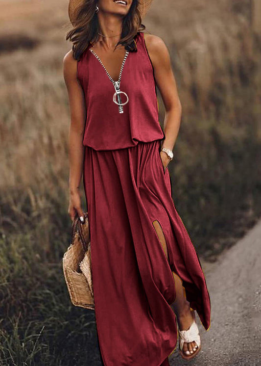 Cotton Open Zip Sleeveless Side Patchwork Red Up Loose Dress
