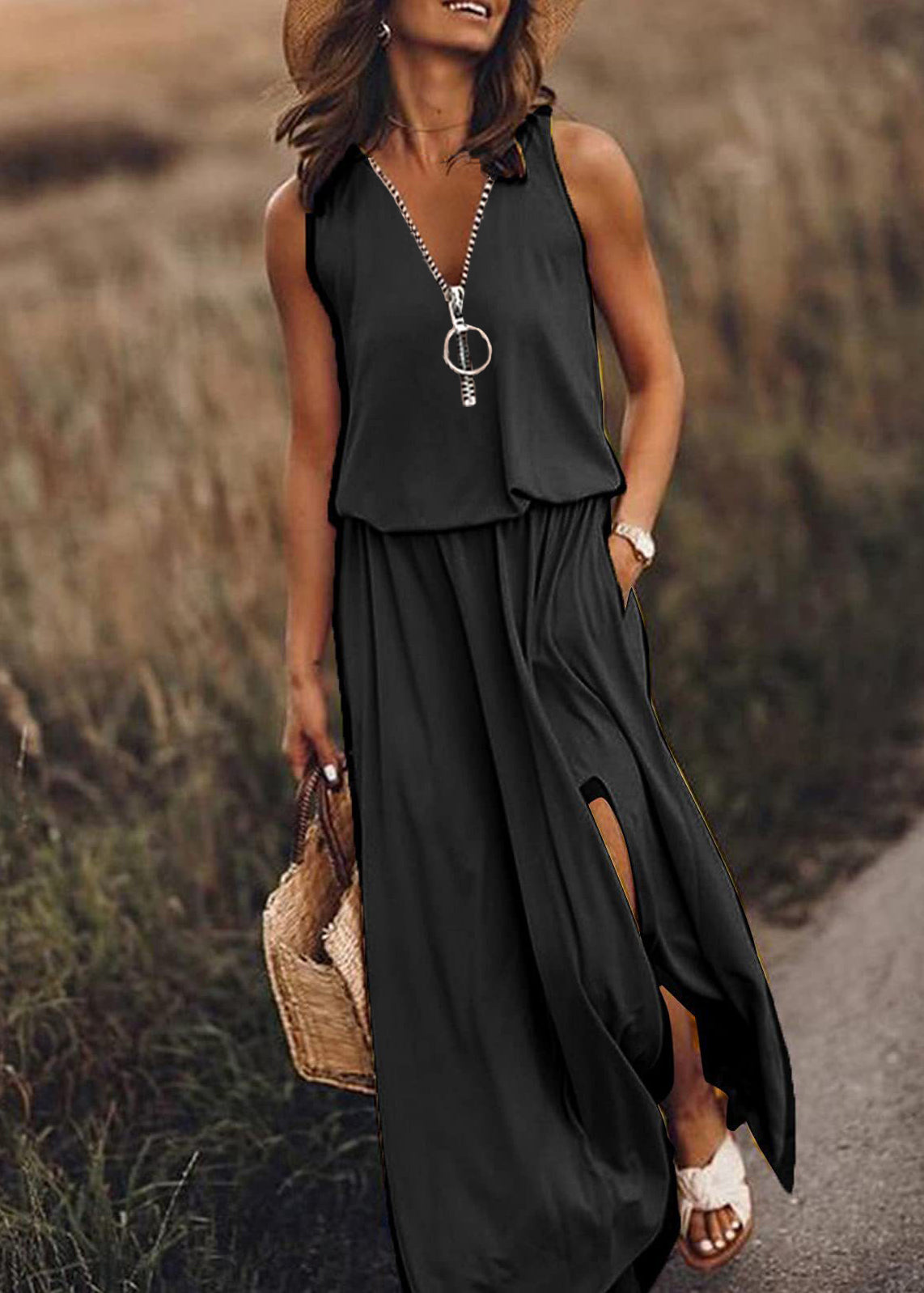 Cotton Open Zip Sleeveless Side Patchwork Red Up Loose Dress