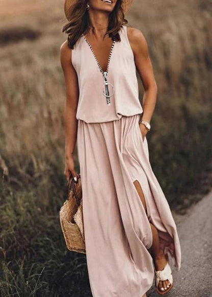 Cotton Open Zip Sleeveless Side Patchwork Red Up Loose Dress