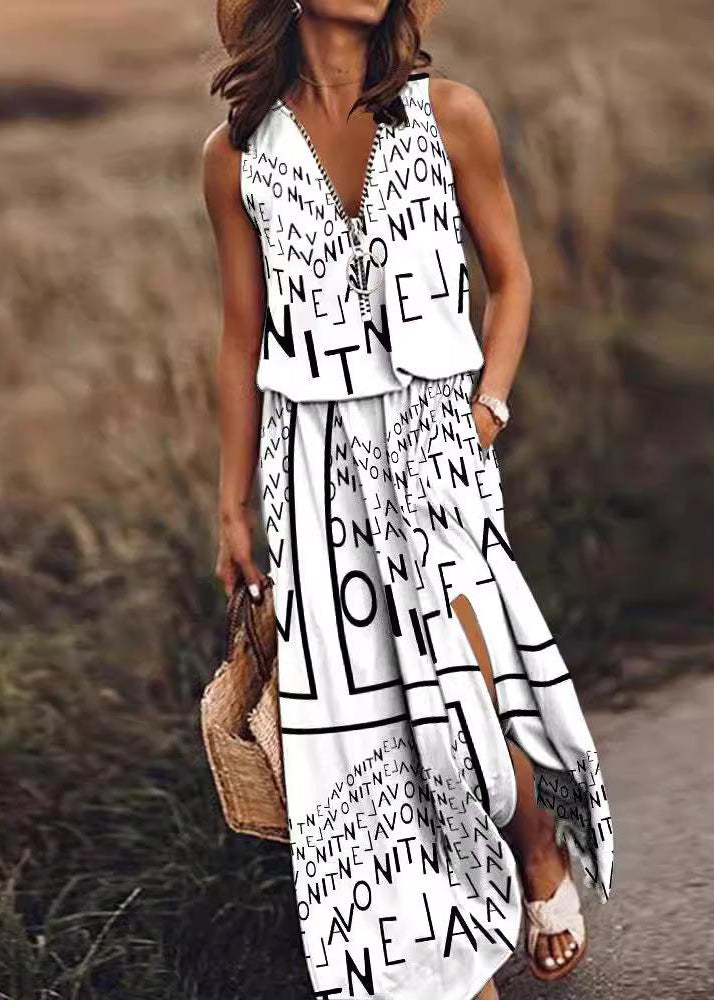 Cotton Open Zip Sleeveless Side Patchwork Red Up Loose Dress