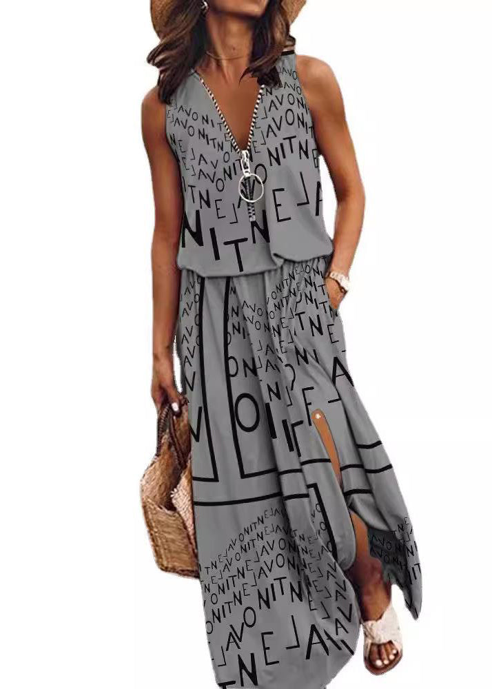 Cotton Open Zip Sleeveless Side Patchwork Red Up Loose Dress