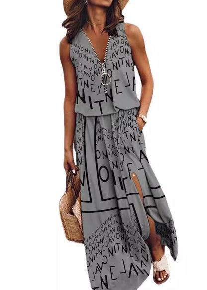 Cotton Open Zip Sleeveless Side Patchwork Red Up Loose Dress