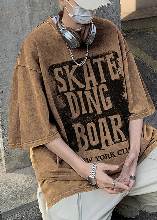 Cotton Letter Neck Shirt Half Sleeve Loose Rose O Men T