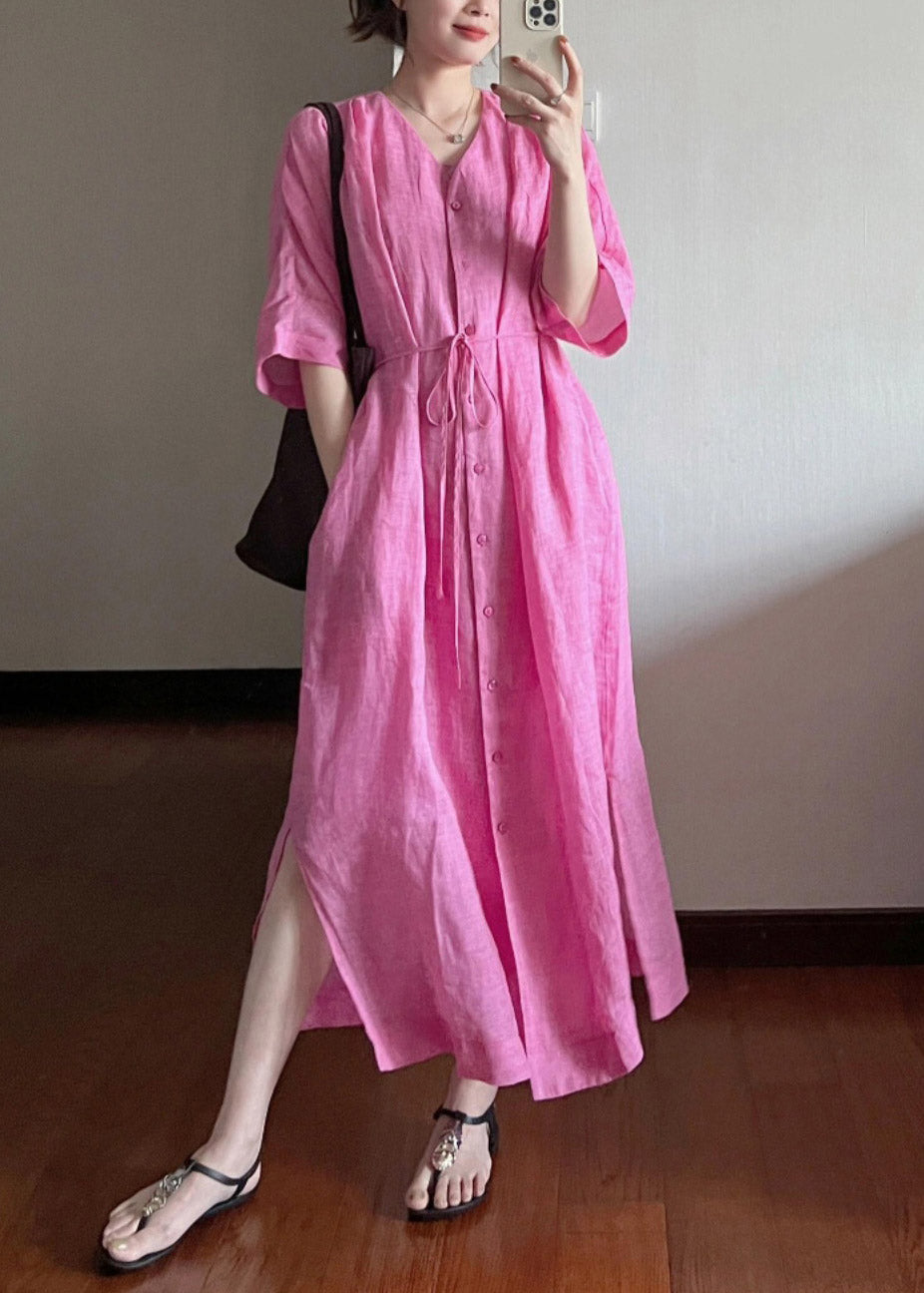 Cotton Dresses Long V Neck Loose Rose Summer Button