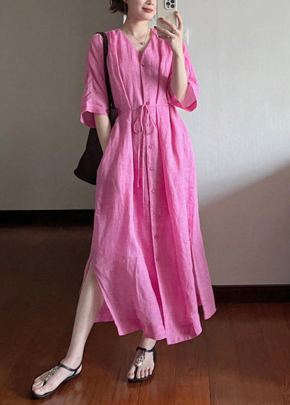 Cotton Dresses Long V Neck Loose Rose Summer Button
