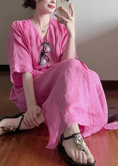 Cotton Dresses Long V Neck Loose Rose Summer Button