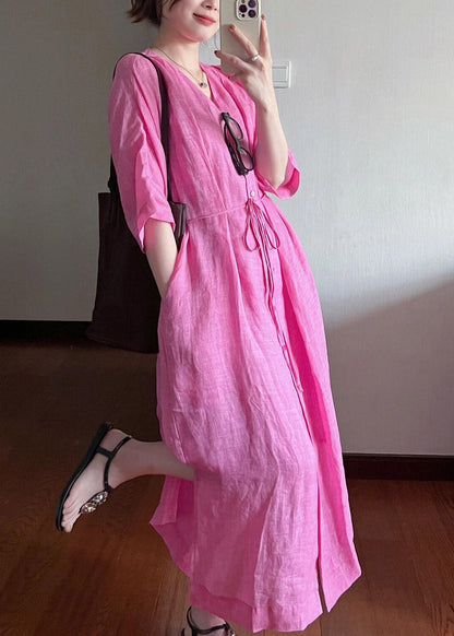 Cotton Dresses Long V Neck Loose Rose Summer Button