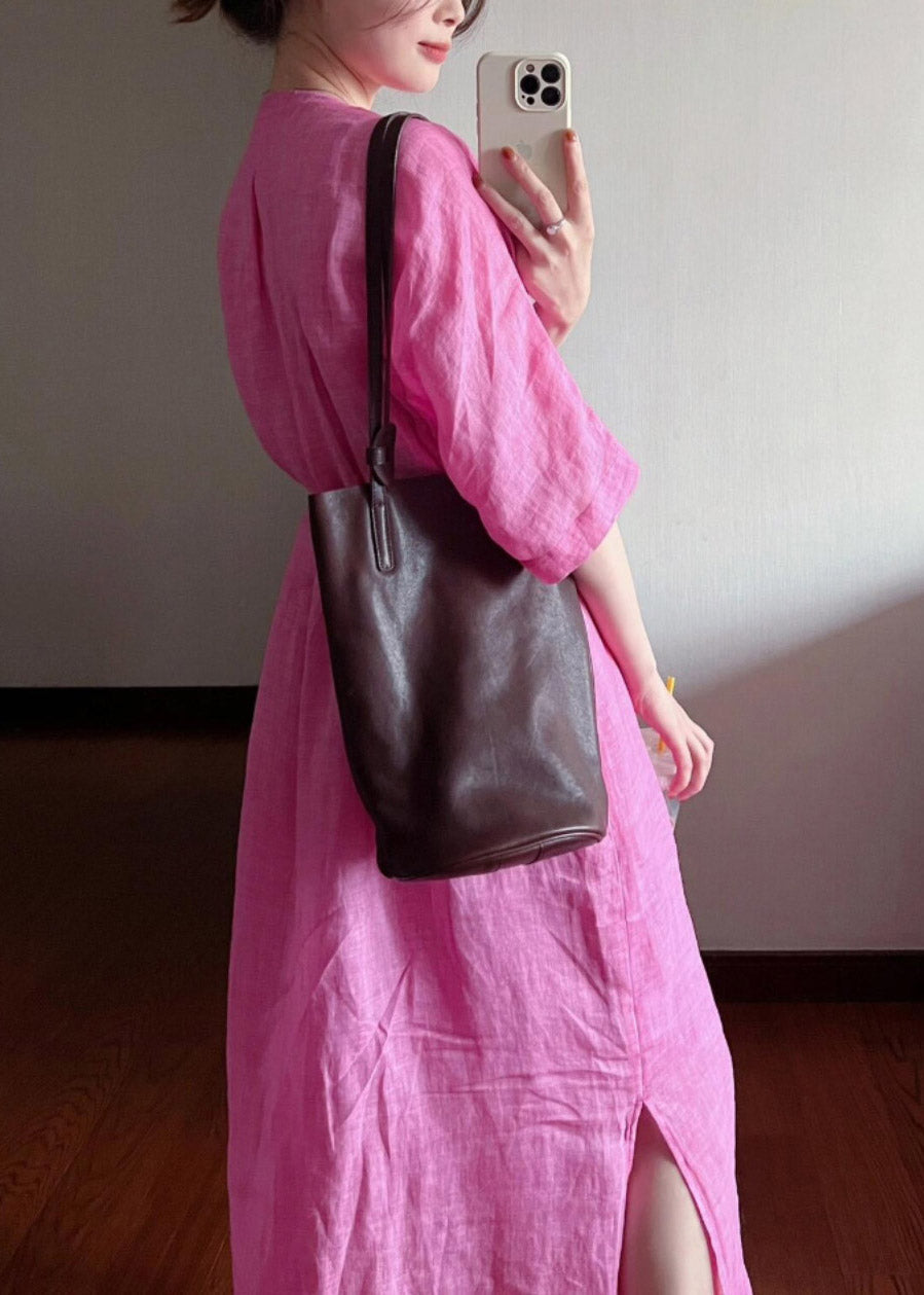 Cotton Dresses Long V Neck Loose Rose Summer Button