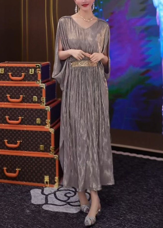 Side Silver Wrinkled Summer Open Long Dresses Loose Patchwork