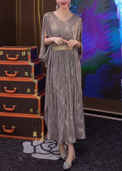 Side Silver Wrinkled Summer Open Long Dresses Loose Patchwork