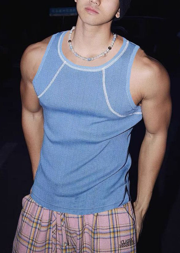 Blue Sleeveless Loose O Cotton Men Neck Patchwork Tank Solid Sky