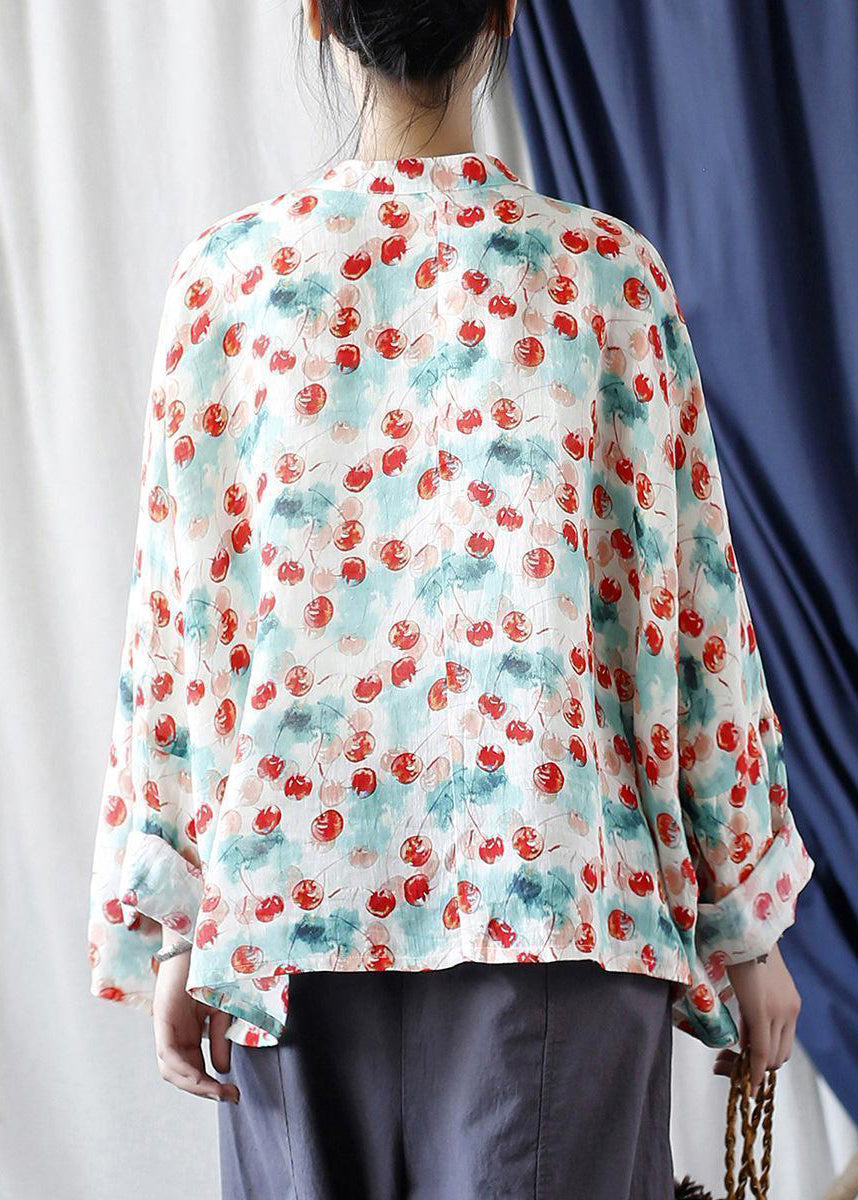 Loose Stand Collar Print Button Linen Blouse Long Sleeve VV053