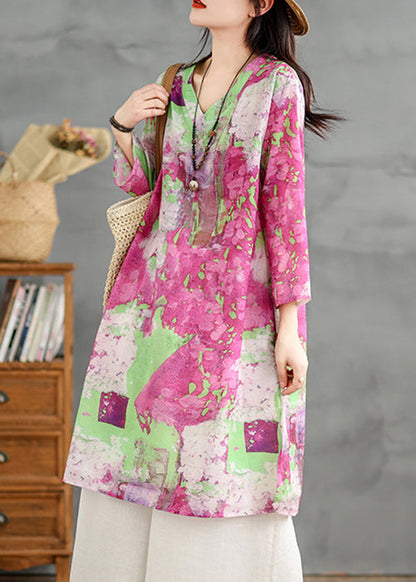 Shirts Print V Neck Loose Bracelet Cotton Sleeve Dress