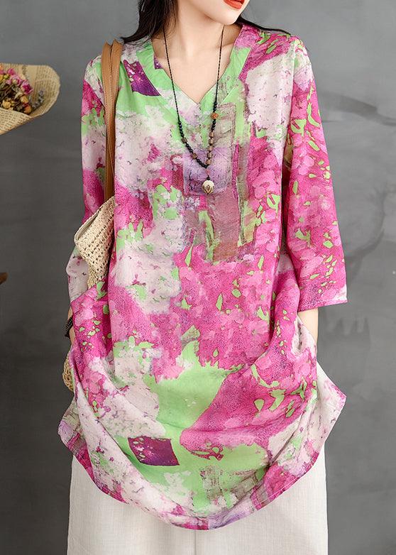 Shirts Print V Neck Loose Bracelet Cotton Sleeve Dress