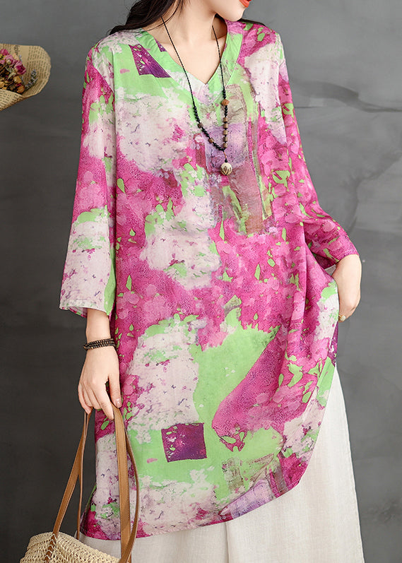 Shirts Print V Neck Loose Bracelet Cotton Sleeve Dress