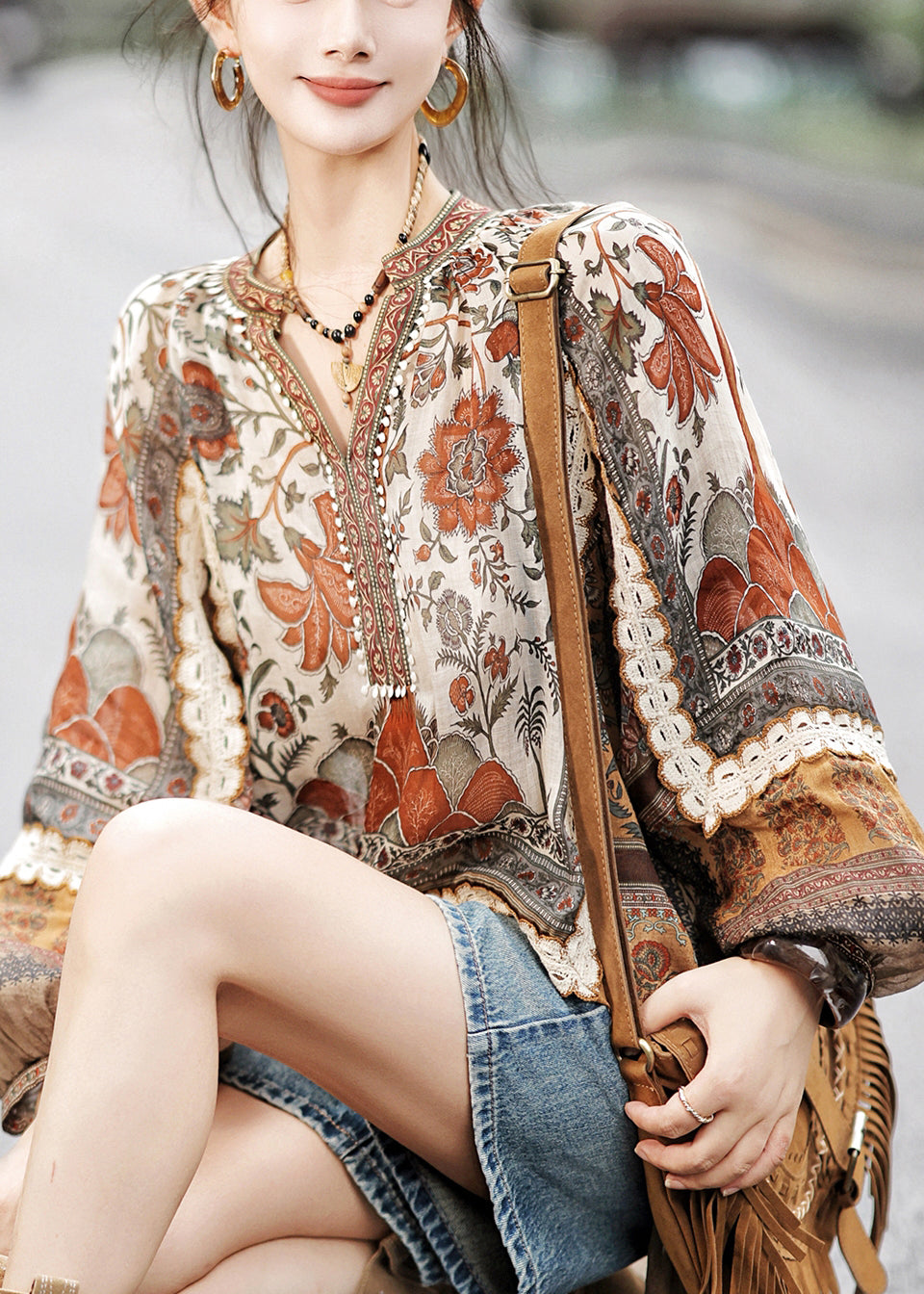 Lockere Baumwolltops mit V-Ausschnitt und Print, niedriges und hohes Design, Herbst WK042