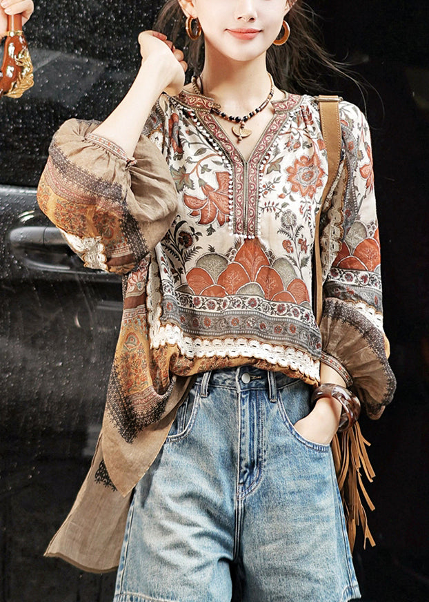 Lockere Baumwolltops mit V-Ausschnitt und Print, niedriges und hohes Design, Herbst WK042
