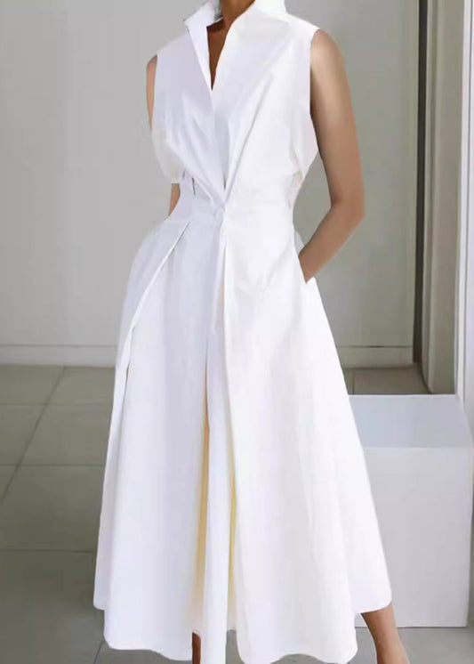 Loose Cotton Dress Pockets Long White Button Solid Sleeveless