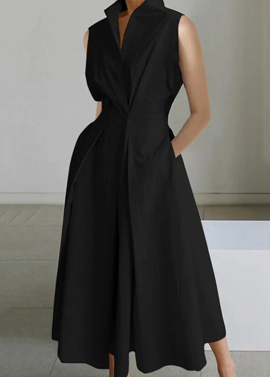 Loose Cotton Dress Pockets Long White Button Solid Sleeveless