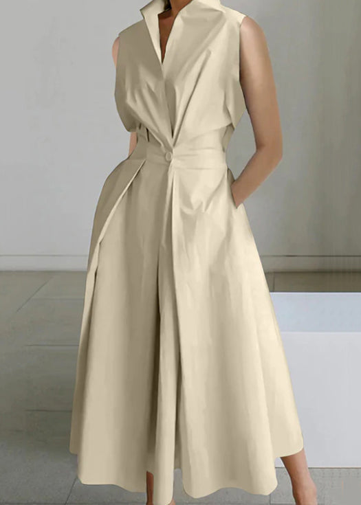 Loose Cotton Dress Pockets Long White Button Solid Sleeveless