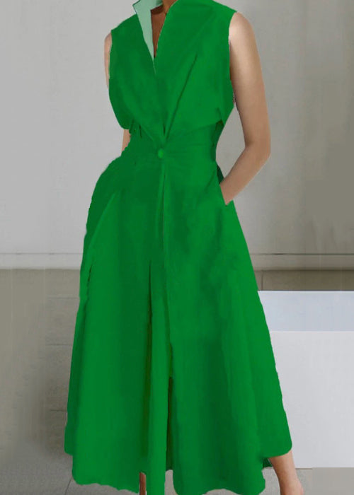 Loose Cotton Dress Pockets Long White Button Solid Sleeveless