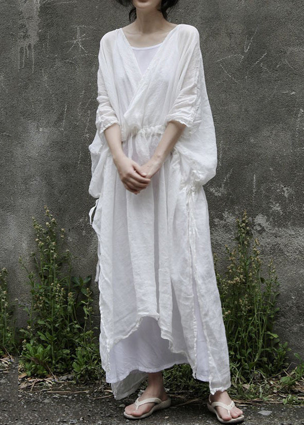 Loose White Drawstring Side Open Linen Two Pieces Set Half Sleeve MN093