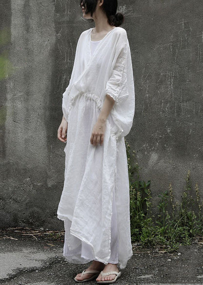 Loose White Drawstring Side Open Linen Two Pieces Set Half Sleeve MN093