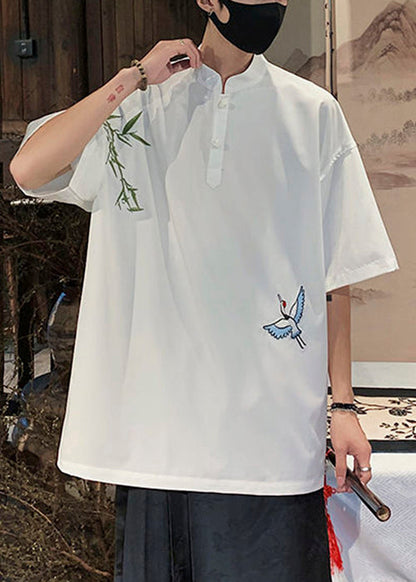 Collar Cotton Loose Stand White Half Button T Embroideried Shirts