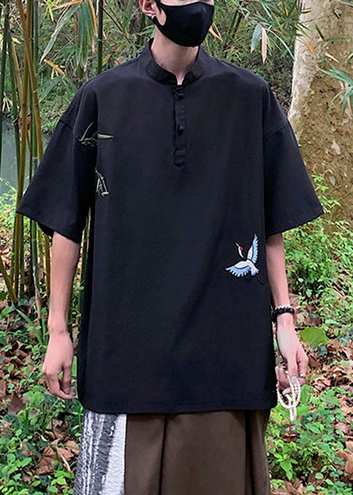 Collar Cotton Loose Stand White Half Button T Embroideried Shirts