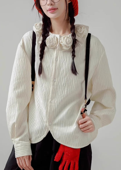 Cotton White Button Spring Shirt Floral Loose