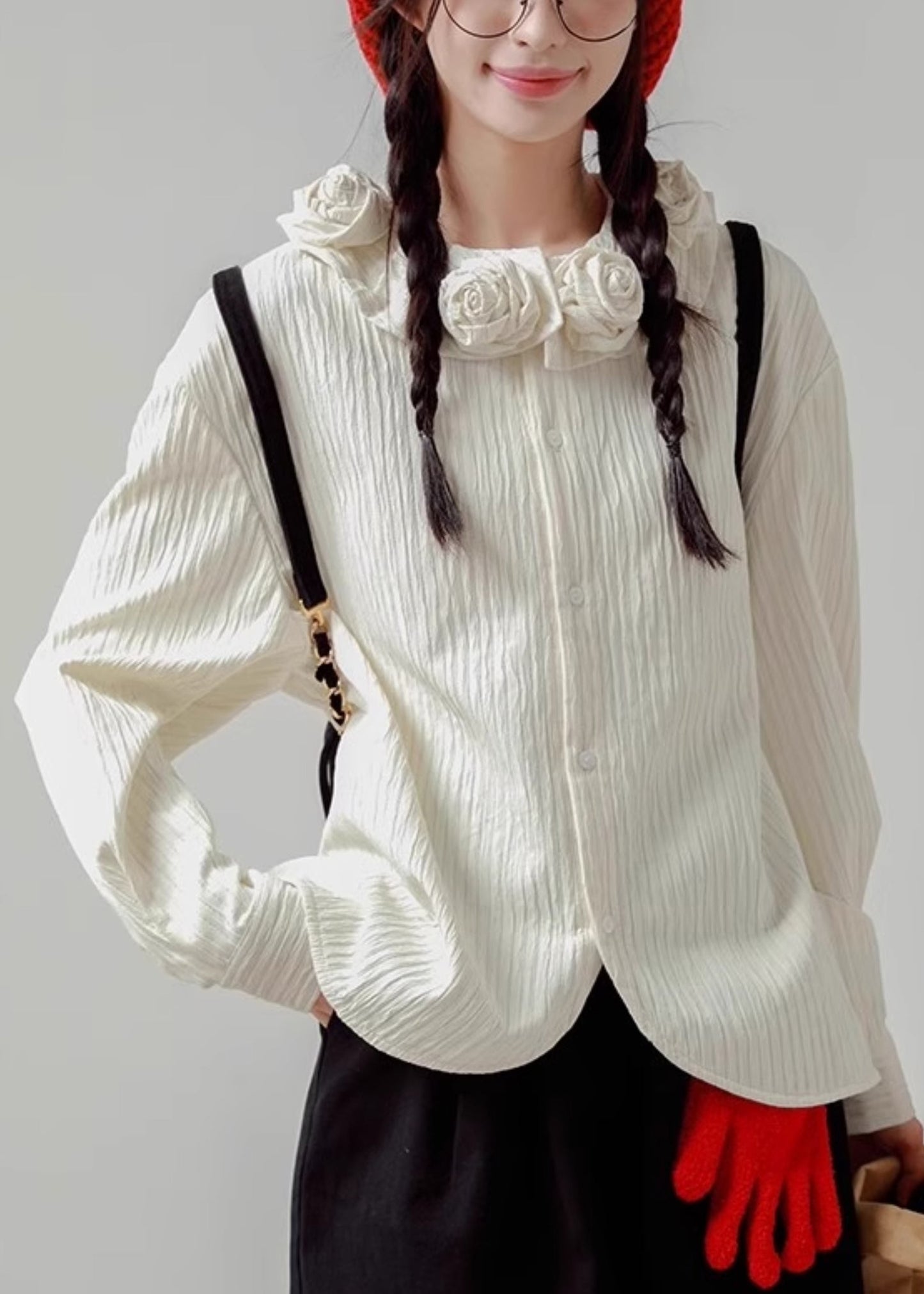 Cotton White Button Spring Shirt Floral Loose